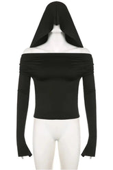 Gothic Black Hooded Crop Top
